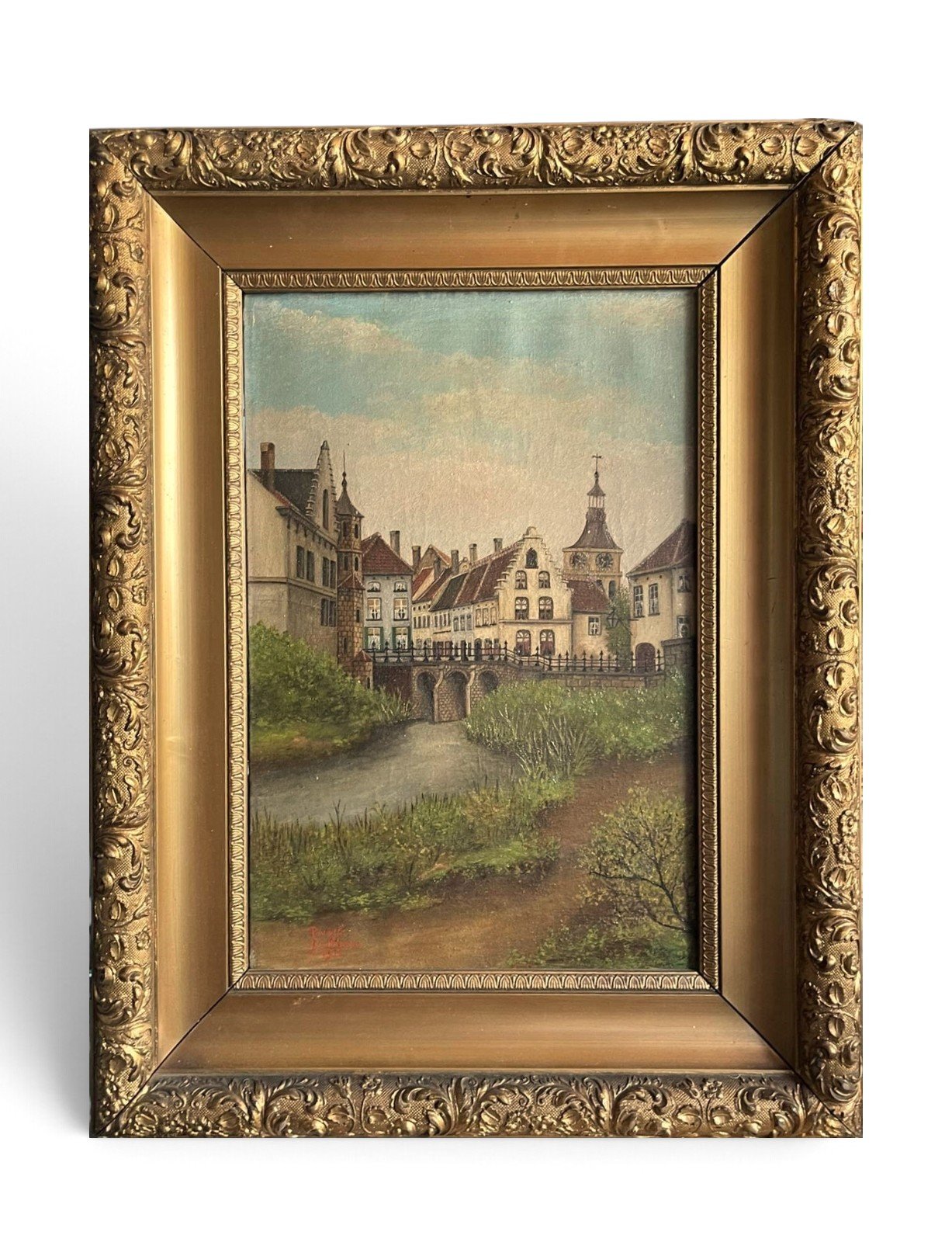 Antique 1911 Signed Oil Painting Medieval Village Landscape Flemish Style 